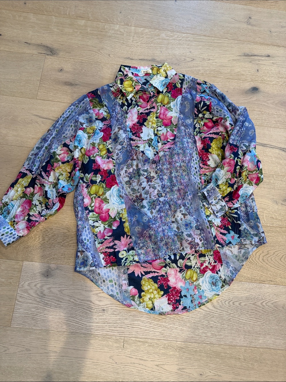 POL Floral Patchwork Mixed Pattern Blouse Women's Size S/M Oversized Relaxed